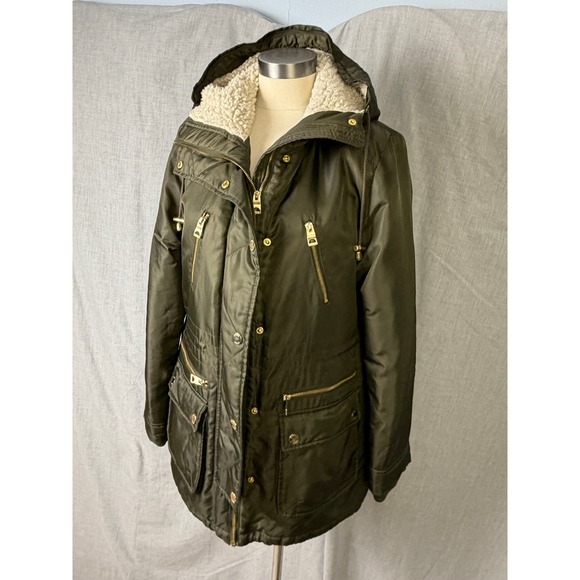 Jackets & Blazers - Guess Olive Sherpa Lined Hooded Parka Jacket Gold Zip Detail‎ Size XL